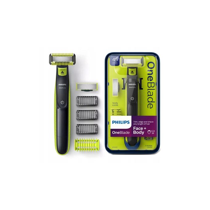 Philips OneBlade Hybrid Body Groomer, Shaver, Trimmer and Beard Shaver with 1 beard razor, 1 body razor, 3 hair combs and 1 body comb