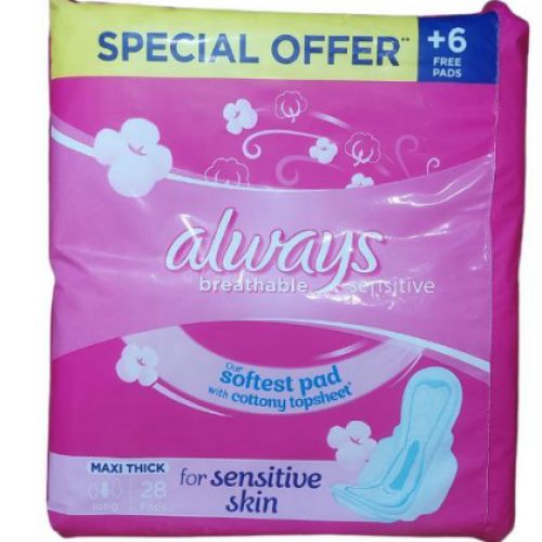 Always MAXI ThiCK, Long Sanitary Sensitive Skin, 28 Pads