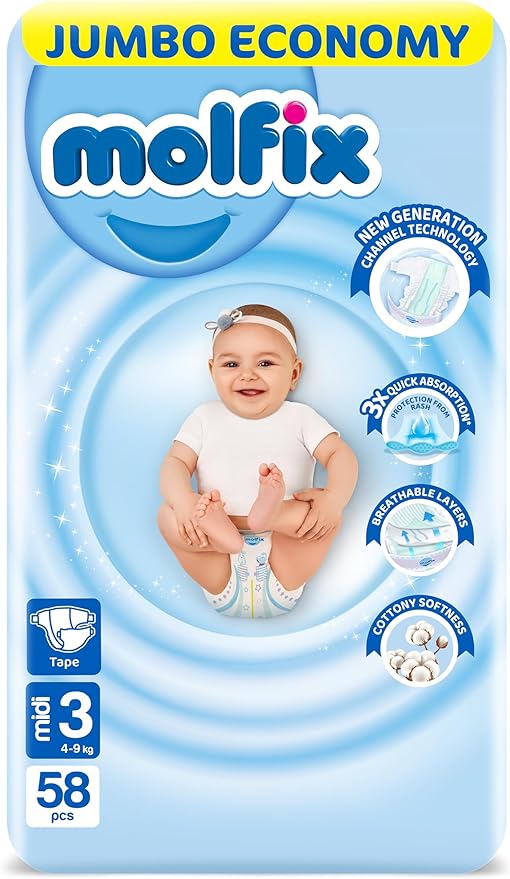 Molfix Baby Diapers - Size 3 - From 4Kg To 9Kg- 58 Diapers