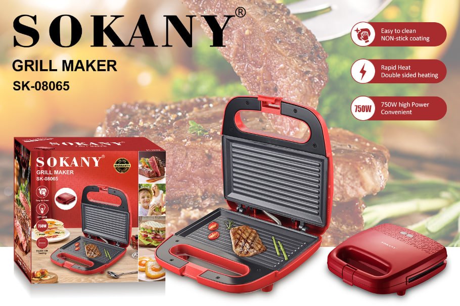 ساندوتش ميكر وجريل من سوكاني 750 وات احمر - sk-08065 SOKANY
