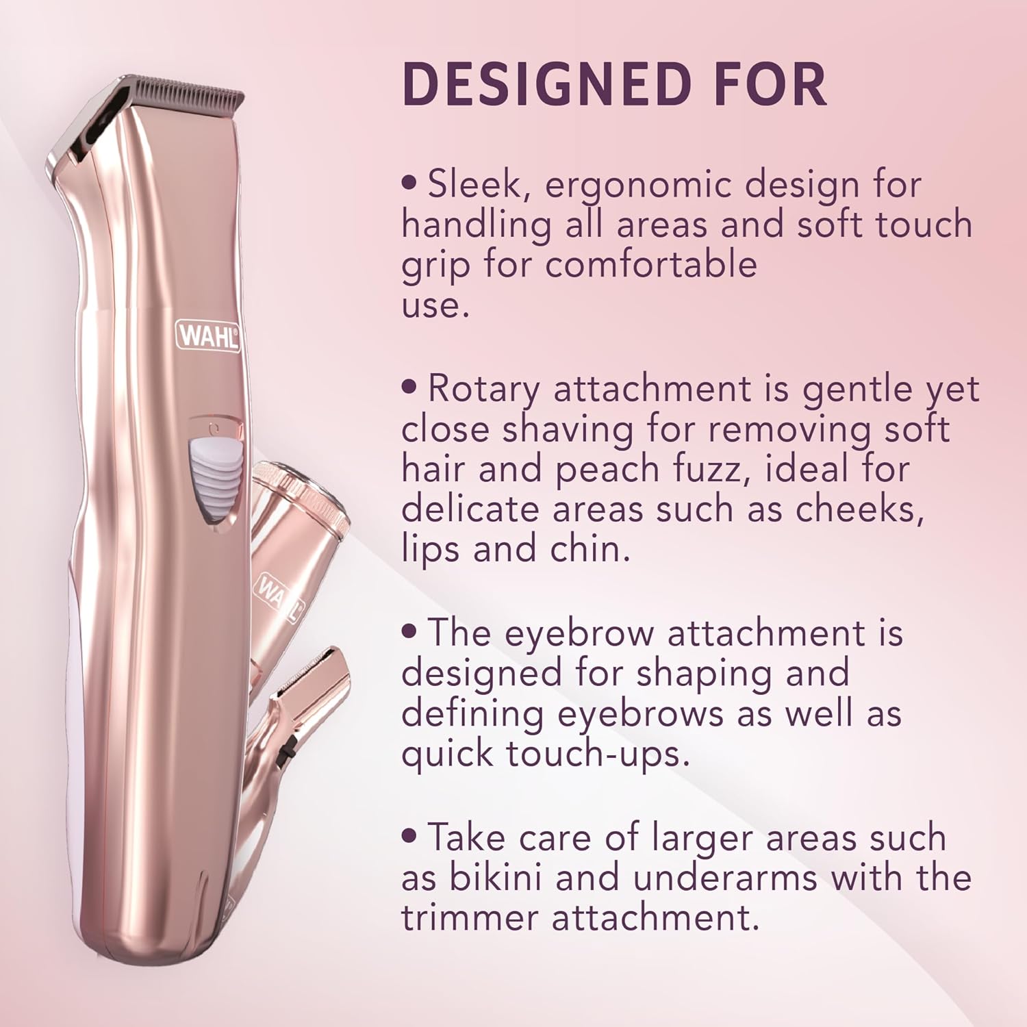 Wahl | ماكينة ووال بيور كونفيدنس لإزالة شعر الوجه والجسم للسيدات، وتشكيل الحواجب 3 في 1 , قابلة لإعادة الشحن، 0427-09865