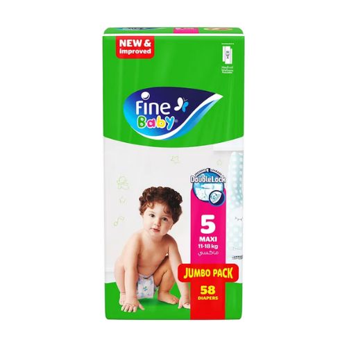 Fine Baby |حفاضات بقفل مزدوج مقاس 5، ماكسي - من 11 كجم إلى 18 كجم - 58 حفاضة