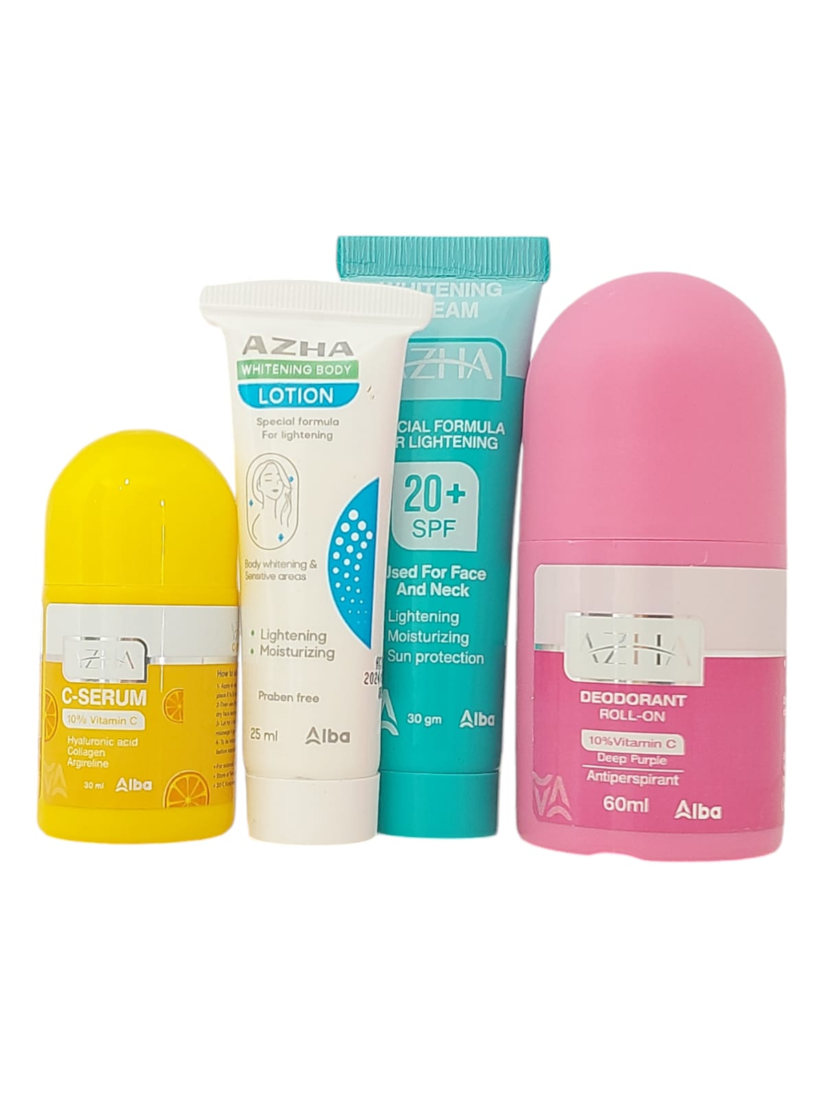 ازهى سى سيرم + ازهى رول اون اصفر + ازهى كريم تفتيح + ازهي بدي لوشن AZHA c serum 30ml ,lotion 25ml ,cream 30gm ,roll on 60ml