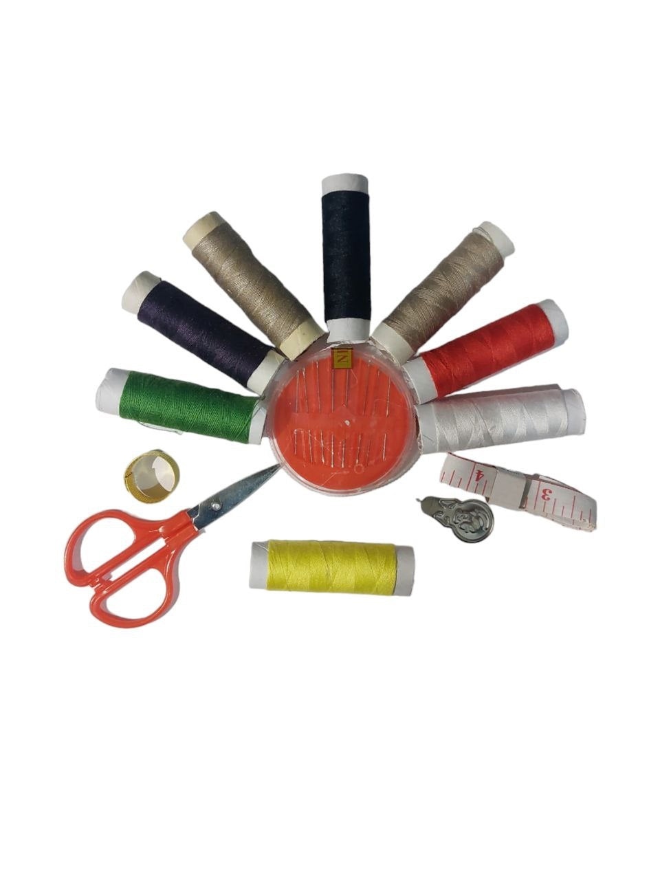 Sewing needle set, multi-colored sewing bobbin set, and small scissors