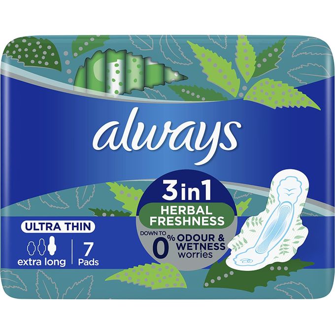 Always 3-in-1 Herbal Freshness Ultra Thin Extra Long Sanitary Pads With  Wings 7 Pads  اولويز 3 في 1 أعشاب منعشة فوط صحية رفيعة جدا طويلة جدا  بأجنحة 7 فوط – Beauty Box