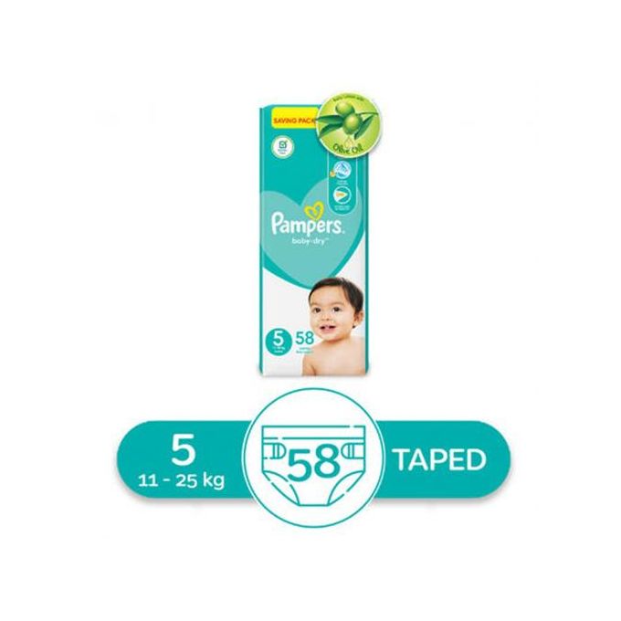 Pampers Baby Dry Diapers - Size 5 – From 11Kg to 25Kg – 58 Diapers