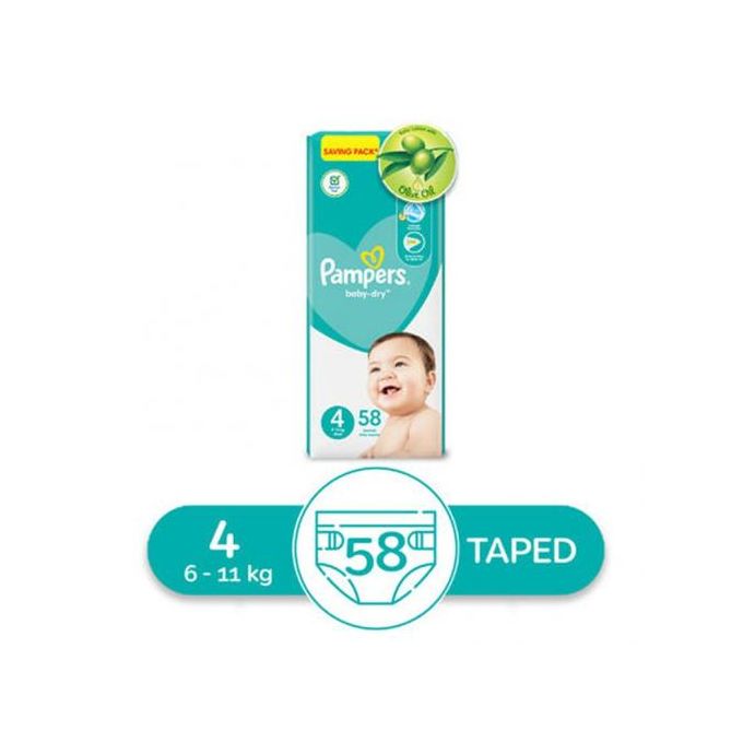 Pampers Baby Dry Diapers - Size 4 – From 9Kg to 18Kg – 58 Diapers