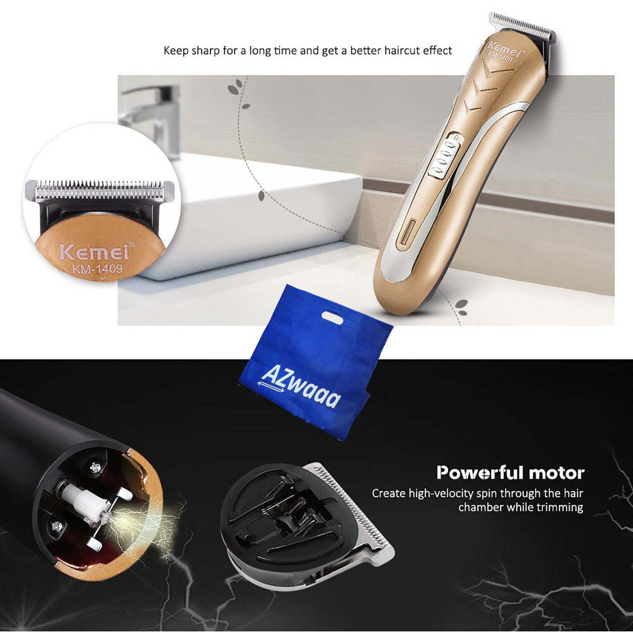 Kemei Hair Clipper & Beard Trimmer KM-1409 - Gold - ماكينة حلاقة الشعر وتخفيف اللحية
