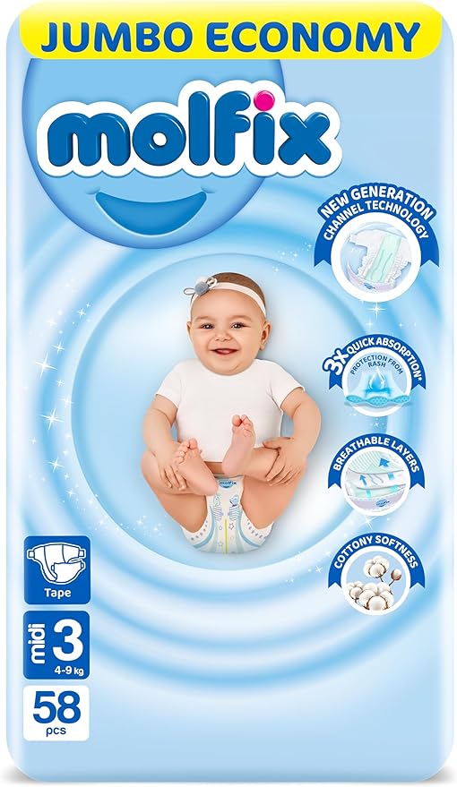 Molfix Baby Diapers - Size 3 - From 4Kg To 9Kg- 58 Diapers