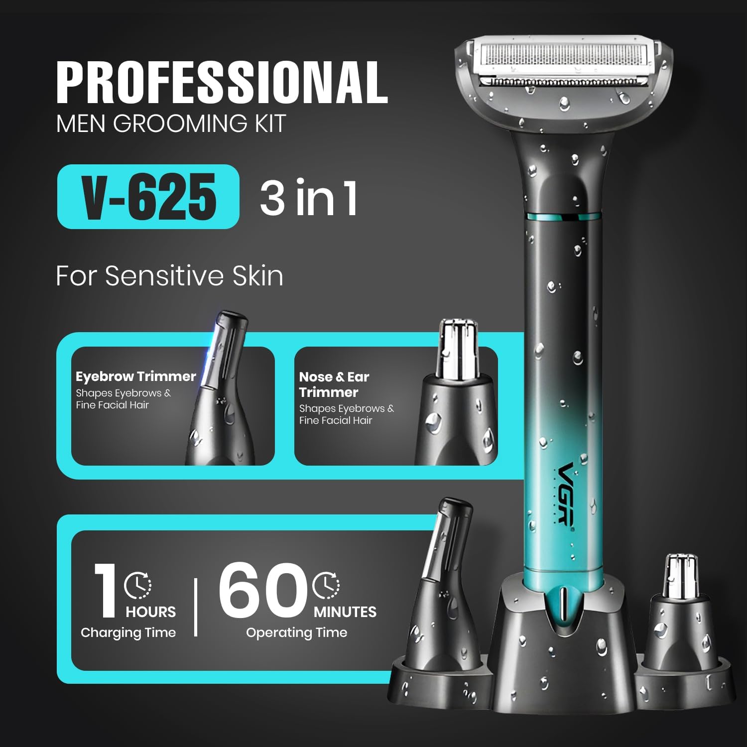 VGR V-625 طقم العناية الشخصية للرجال الاحترافي 3 في 1
