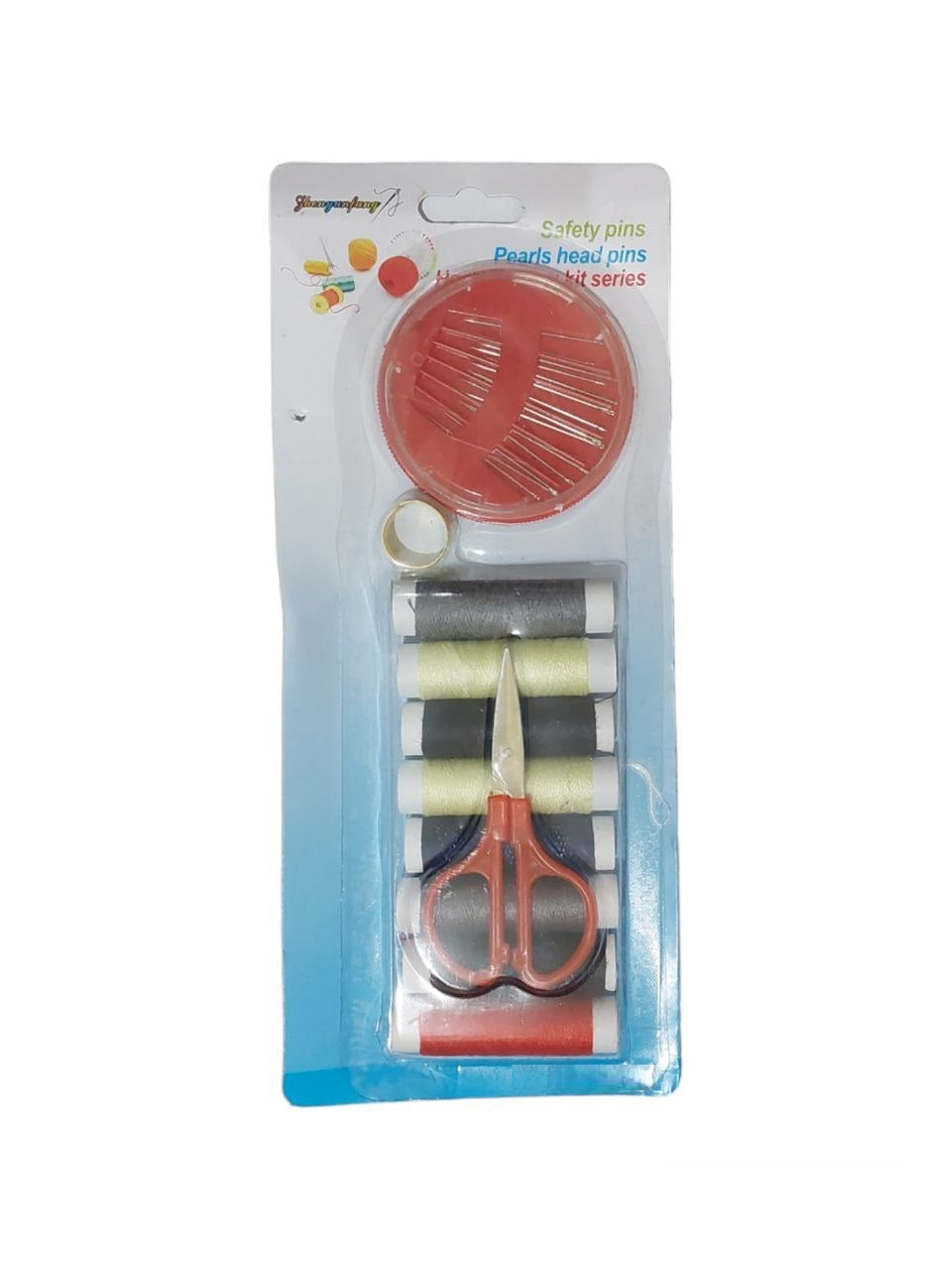 Sewing needle set, multi-colored sewing bobbin set, and small scissors