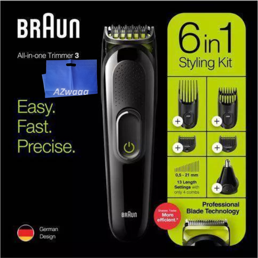 Braun All-in-one trimmer 3 for Face, Hair & Body, 6-in-1 styling kit MGK3221 + مجموعة 6 في 1 لتزيين الشعر و الوجه والجسم