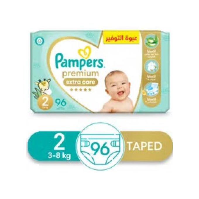 Pampers Premium Extra Care Baby Diapers - Size 2 – From 3Kg to 8Kg – 96 Diapers