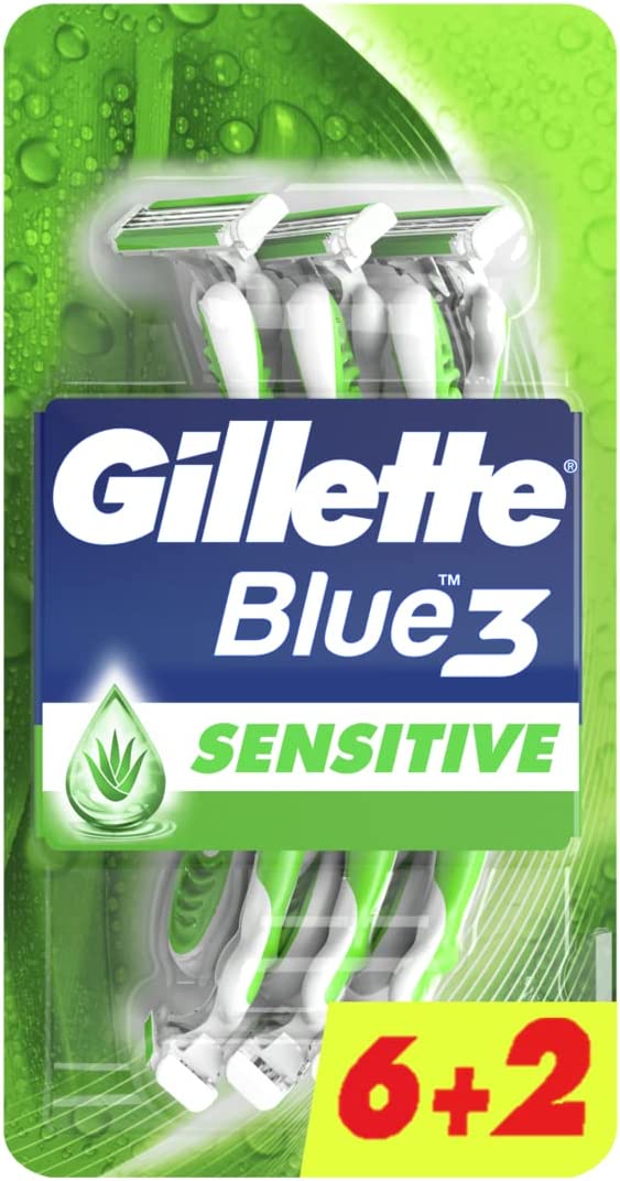 Gillette Blue3 Sensitive Disposable Razors With Comfort Gel 6 Pcs + 2 Pcs Free - 8 Pieces